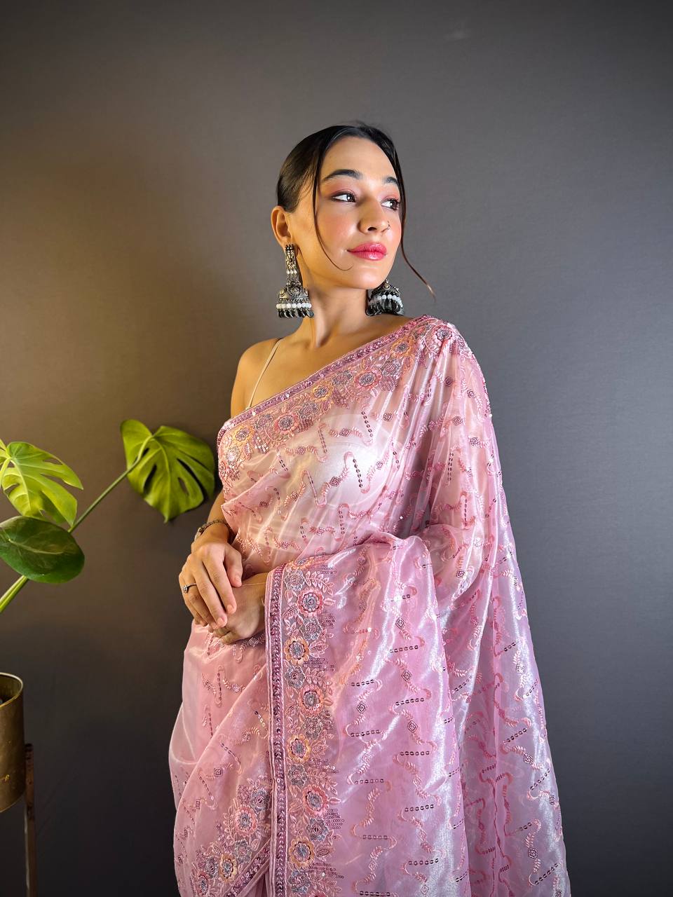 Pink Tissue Silk Embellished Saree With Unstitched Blouse