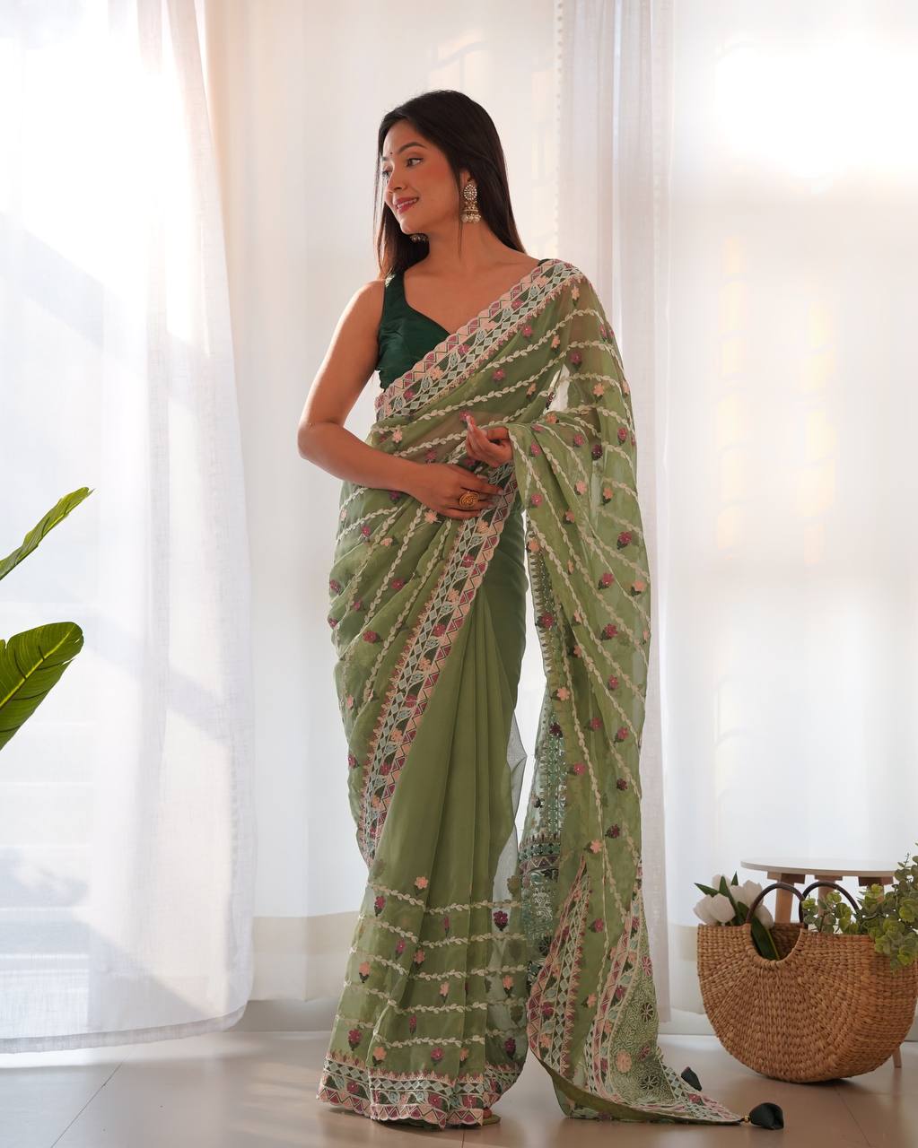 Green Emroidery Worked Organza Silk Saree