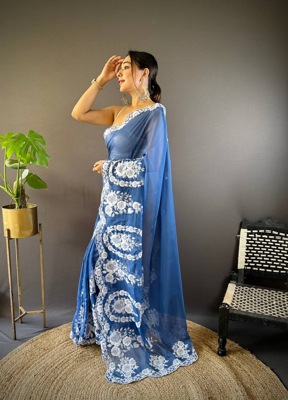 Blue Organza Embroidered Light Weight Saree