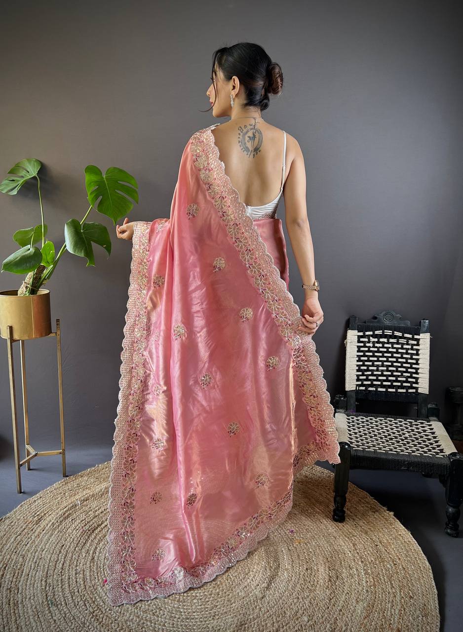 Light Pink Embroidered Work Soft Silk Saree