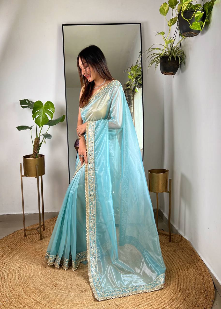 Women's Silver Tissue Silk Solid Blue Saree & Un Stich Blouse