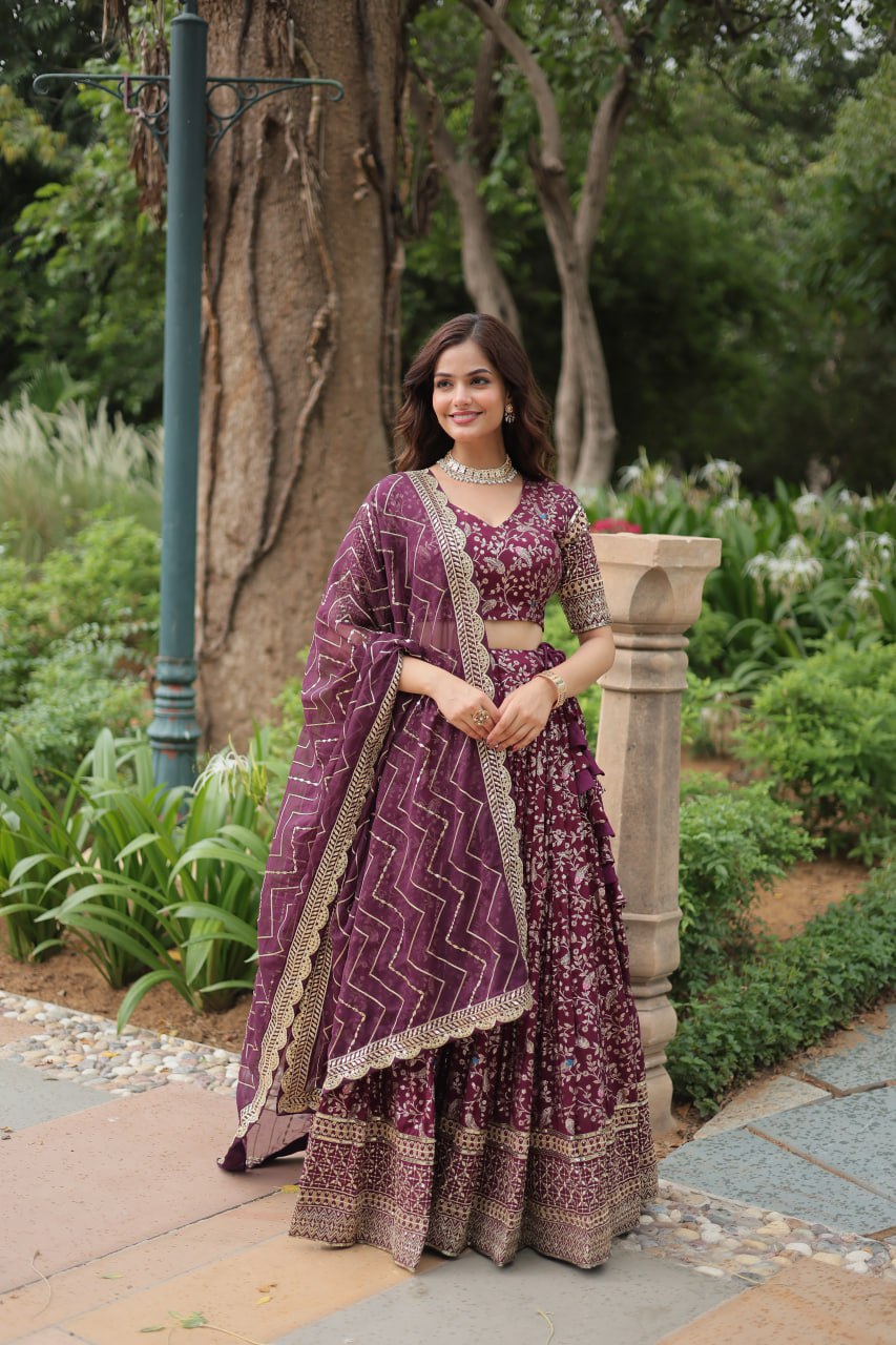 Beautiful Wine Sequins Jacquard Wedding Wear Lehenga Choli