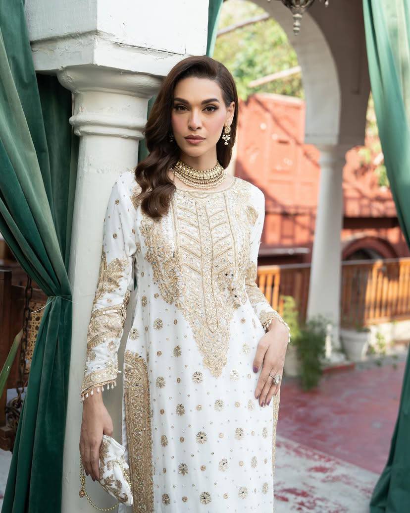 White Golden Chiffon Party Suit