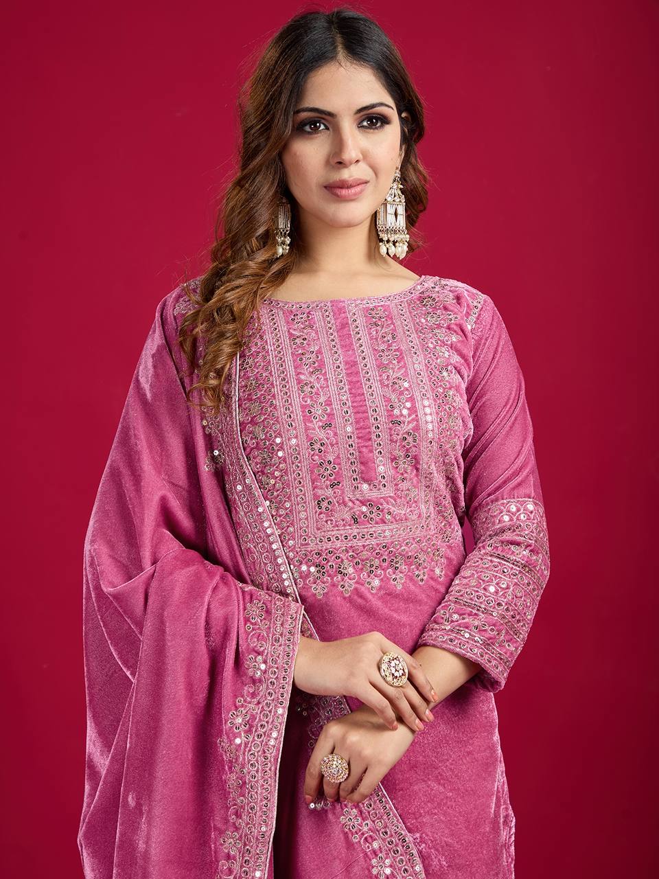 Pink Viscose Velvet Sequence Embroidery Work Salwar Suit