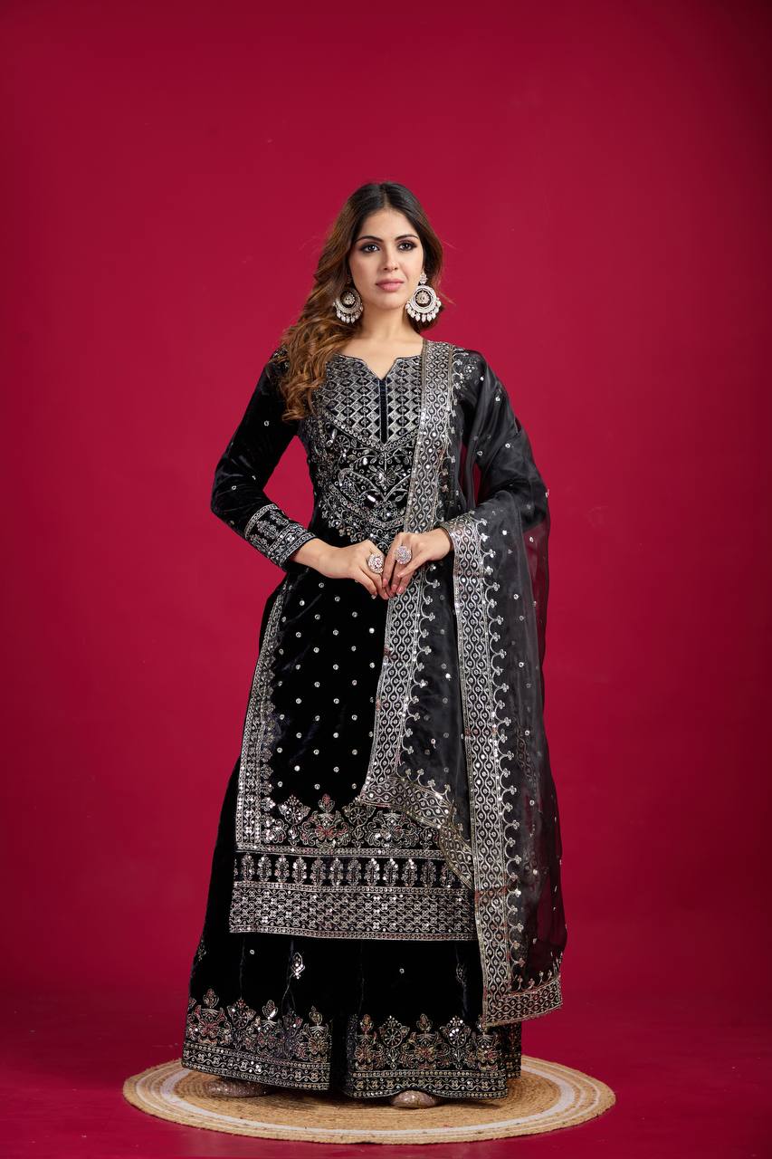 Black Velvet Kurta Sharara With Embroidery and Sequence Work With Dupatta