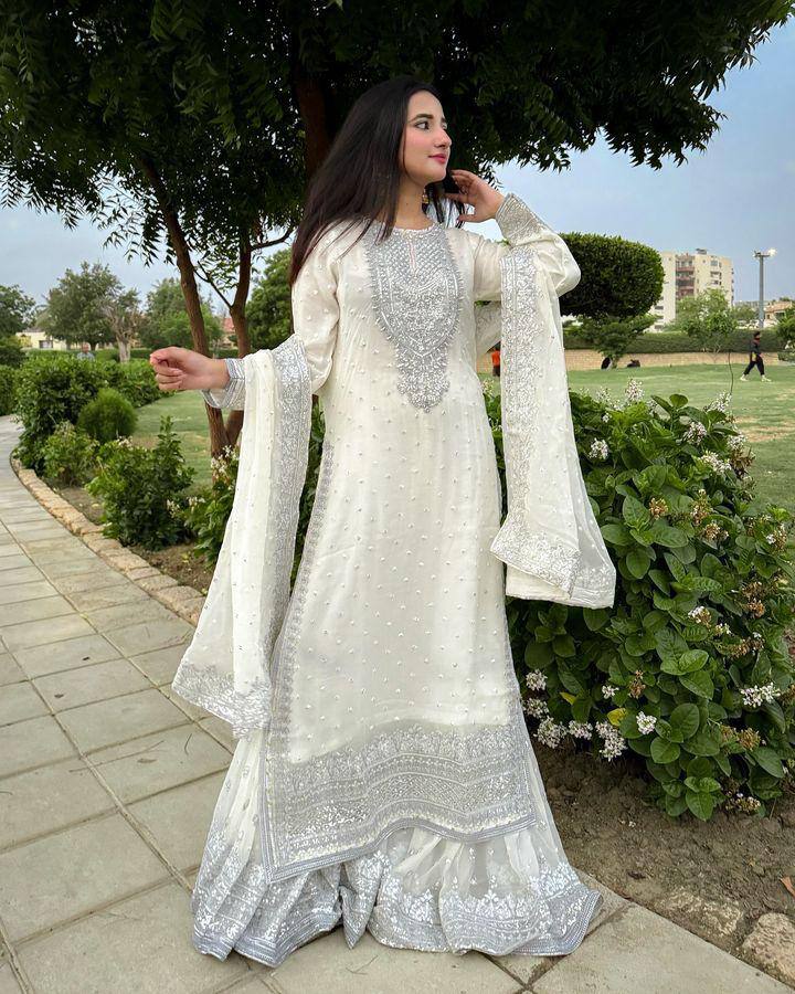 White Georgette Embroidery Sequence Work Top Sharara With Dupatta