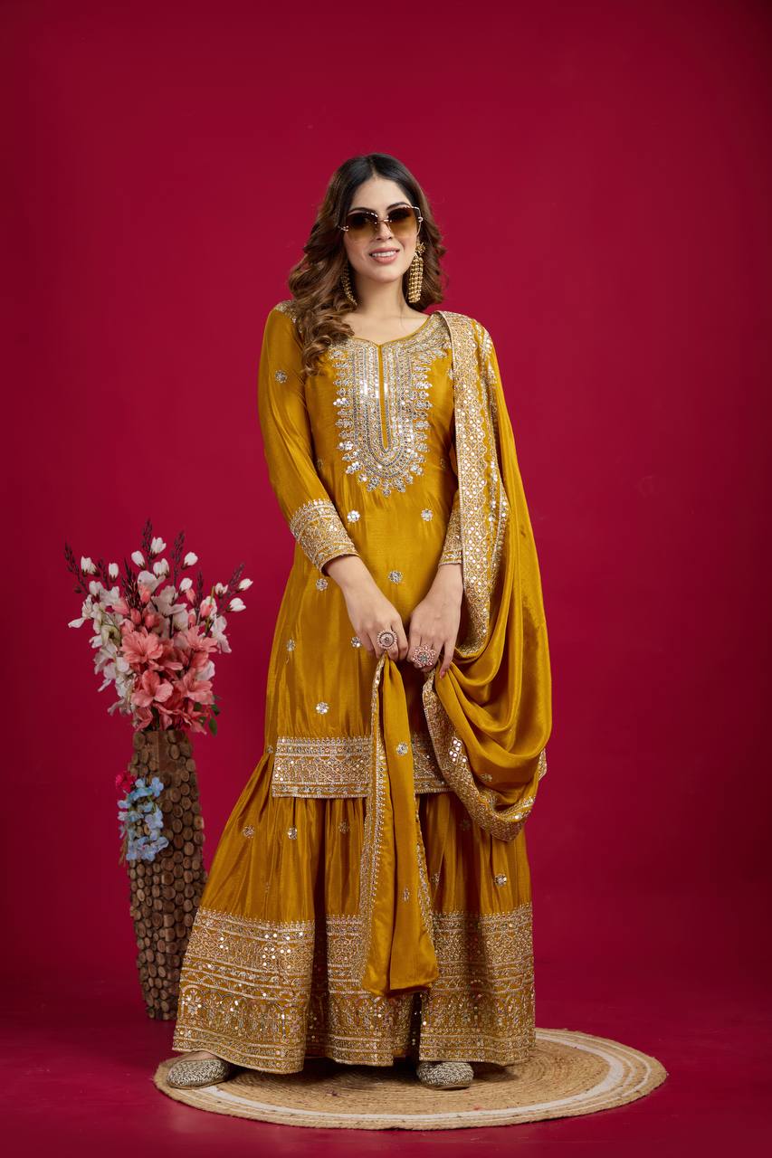 Yellow Chinnon Silk With Heavy Embroidery Sequence Work Top-Plazo And Dupatta Set