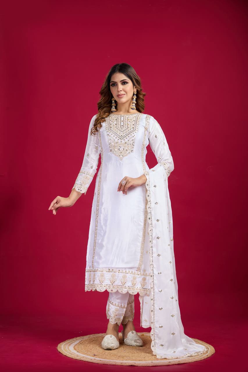 White Color Salwar Suit in Chinon With Heavy Sequins Embroidery and Real Mirror