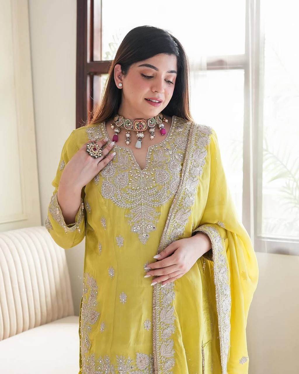 Heavy Chinon Silk With Heavy Embroidery Sequence Work Yellow  Kurta Sharara With Dupatta