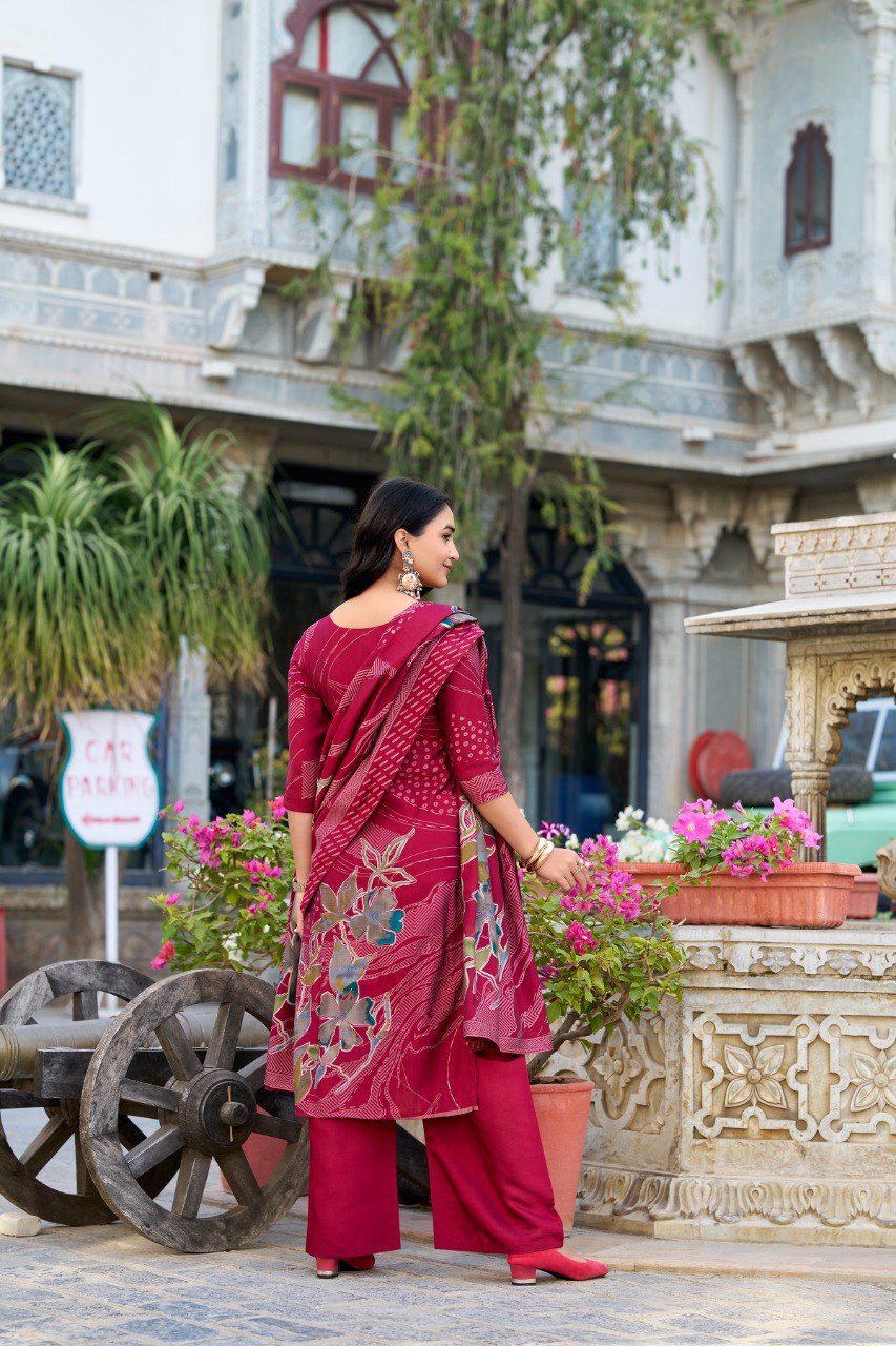 Incredible Maroon Floral Printed Silk Traditional Palazzo Suit