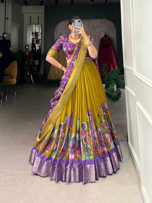 Mustard Yellow Colour Party Wear Designer Dola Silk Floral Print Lehenga Choli