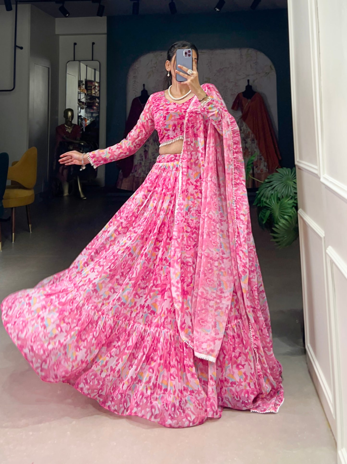 Pink Floral Printed Georgette Tiered Tradition Style Lehenga Choli