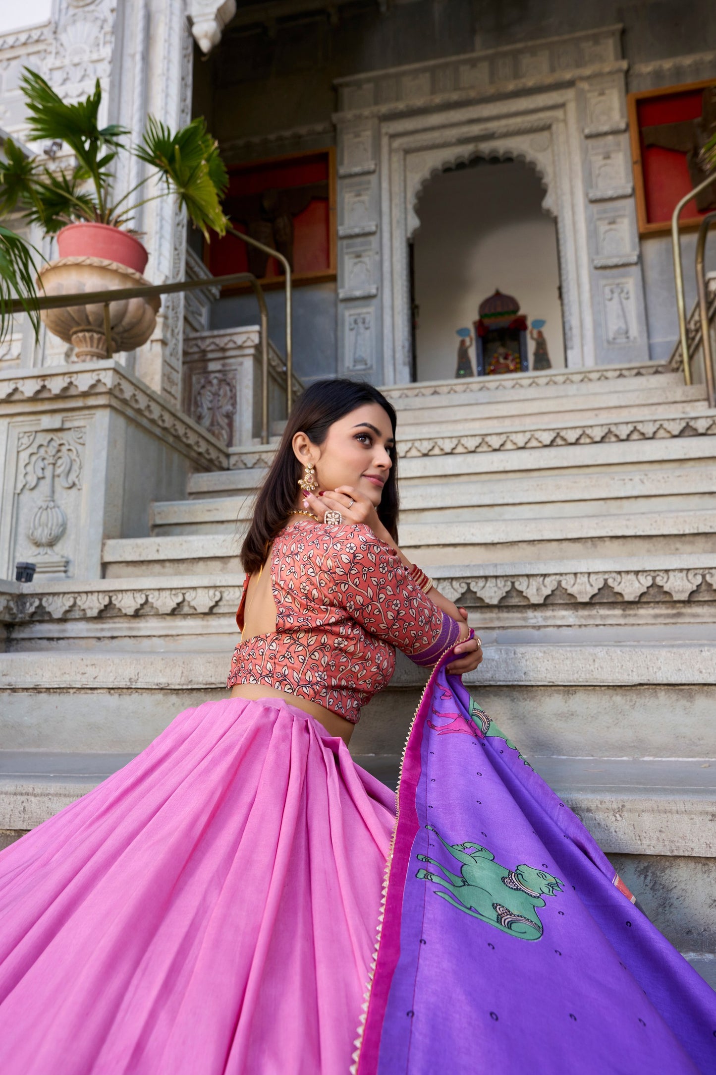 Pink Color Tussar Silk Kalamkari Printed Lehenga Choli