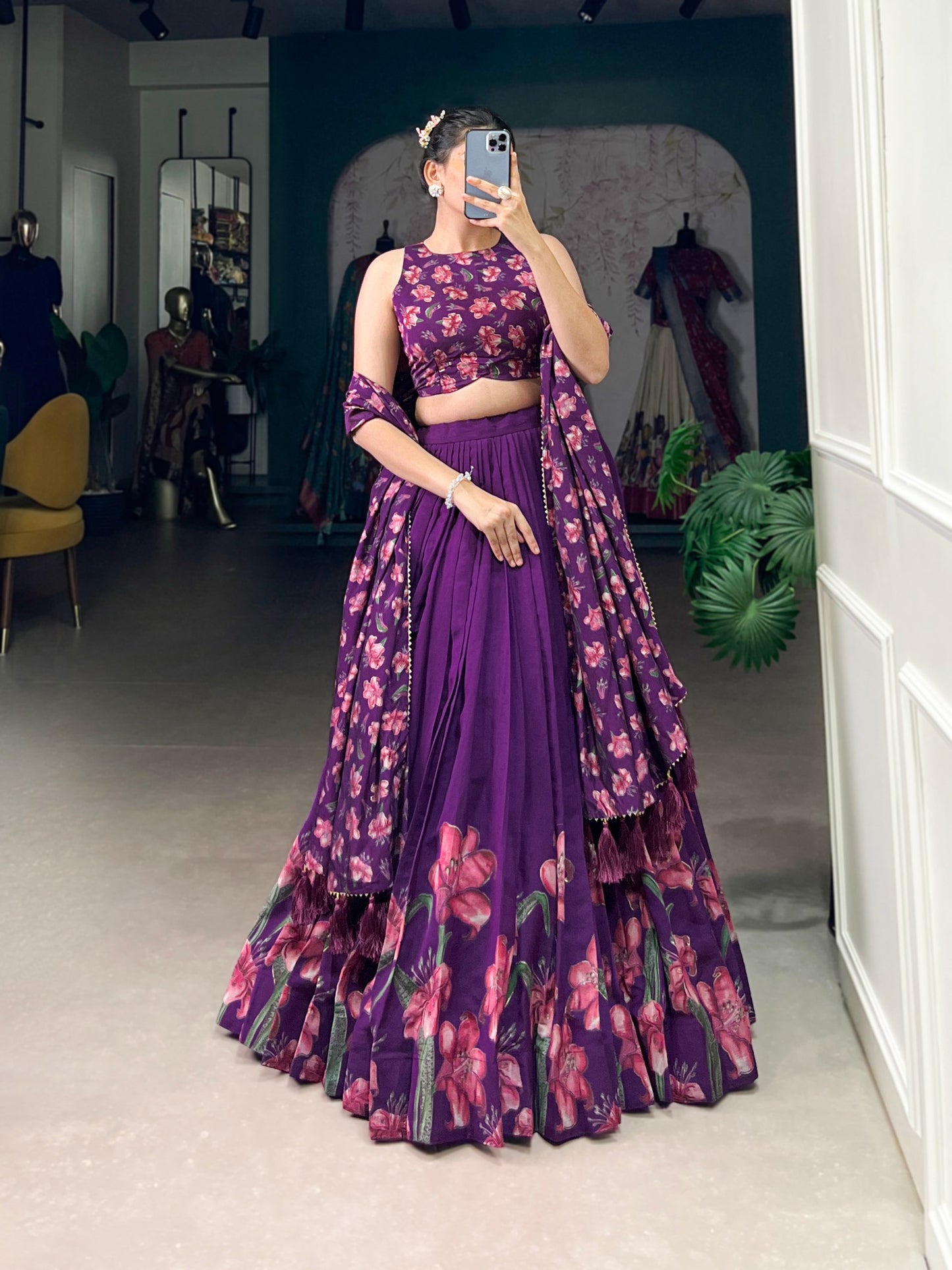 Floral Print Lehenga Choli in Purple Tussar Silk With Foil Work and Dupatta