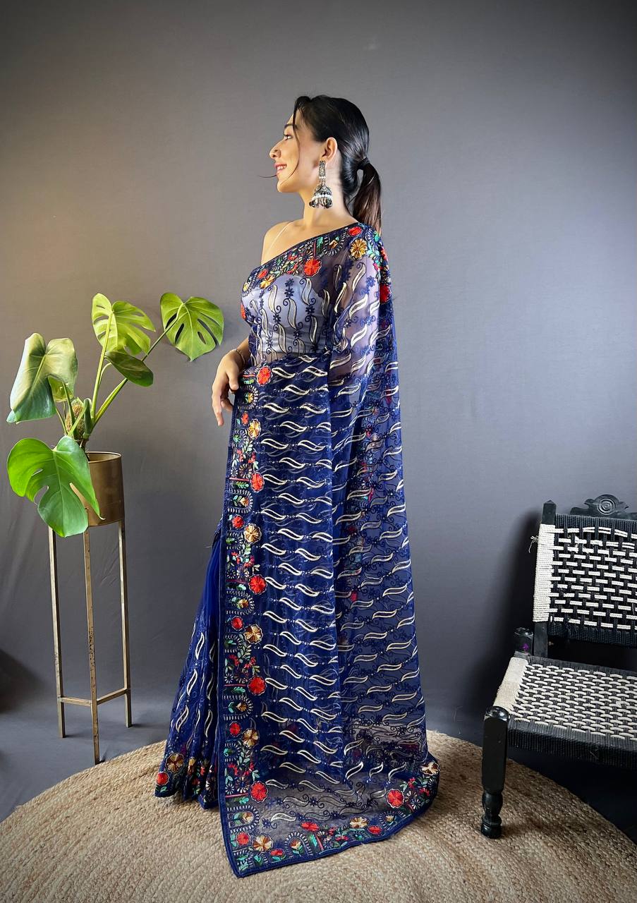 Bollywood Designer Navy Blue Saree with Chain Stitch Work