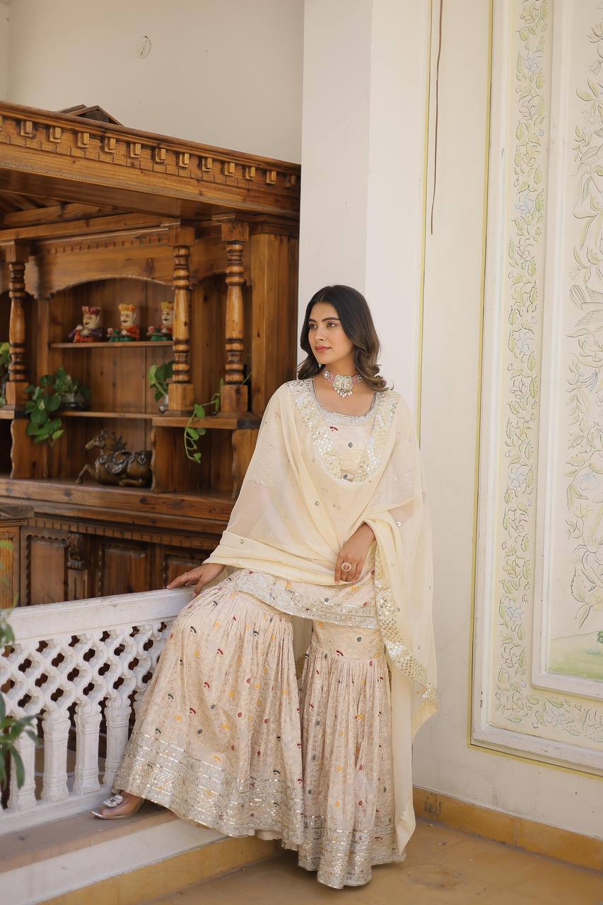 Viscose Jacquard Sequined White Kurti with Embroidered Sharara & Russian Silk Dupatta