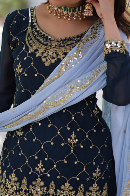 Faux Blooming Embroidered Work Firozi Blue Kurti And Plazzo Suit