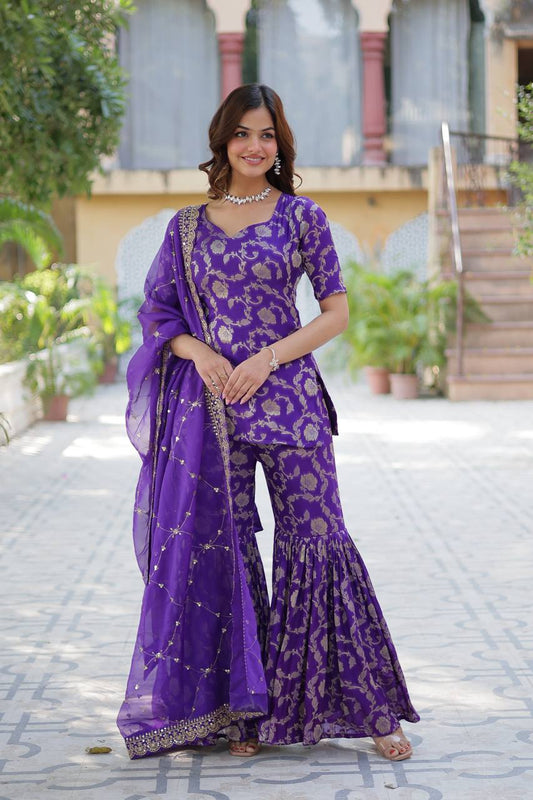 Premium Purple Jacquard Silk Sharara-Gharara  Suit