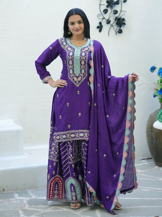 Purple Designer Embroidered Chinon Suit With Sequence Work
