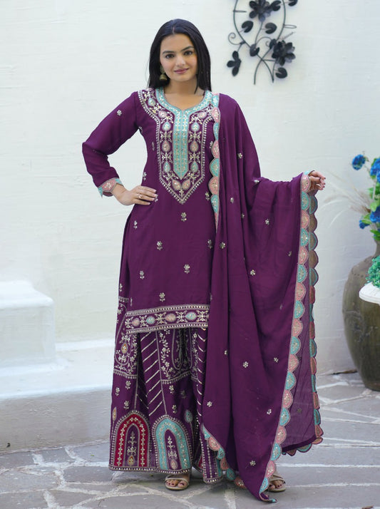 Wine Designer Embroidered Chinon Suit With Sequence Work
