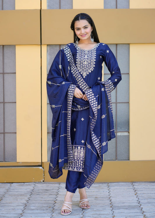 Teal Chiffon Embroidered and Resham Work Pant Style Suit for Ceremonial