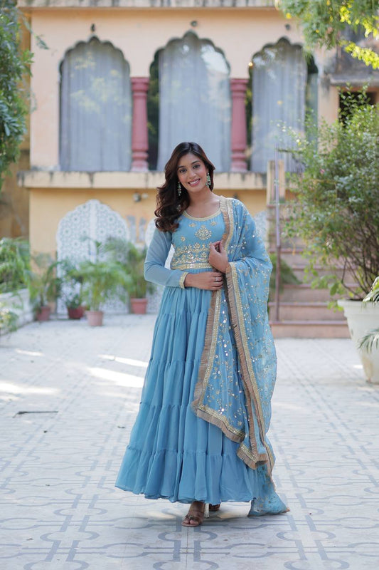 Sky Blue Georgette Readymade Suit With Dupatta