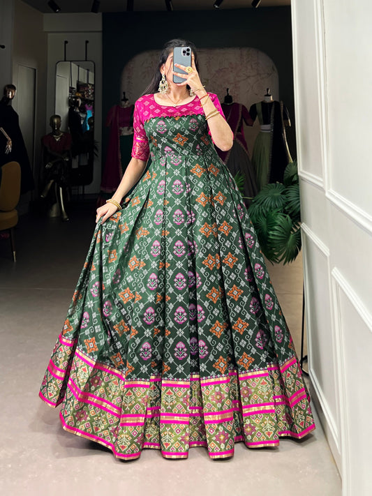 Green Patola Printed Jacquard Silk Zari Weaving Work Kanjivaram Gown