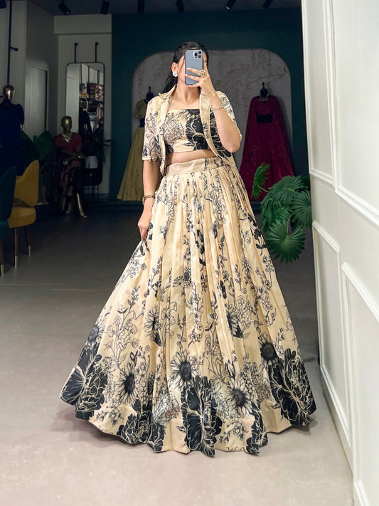 Cream Color Floral Printed Stylish Designer Lehenga choli