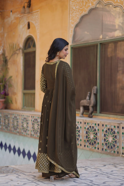 Designer Mehndi Color Three Piece Suit Set