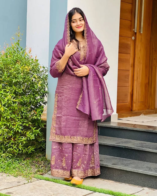 Elegant Lavender Heavy Crunchy Silk Sharara Suit with Embroidery Sequence Work | Fully Stitched Designer Ethnic Wear for Women