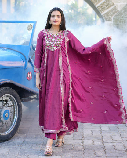 Elegant Purple Chinon Embroidered Gown Set with Coding Sequence Work & Dupatta