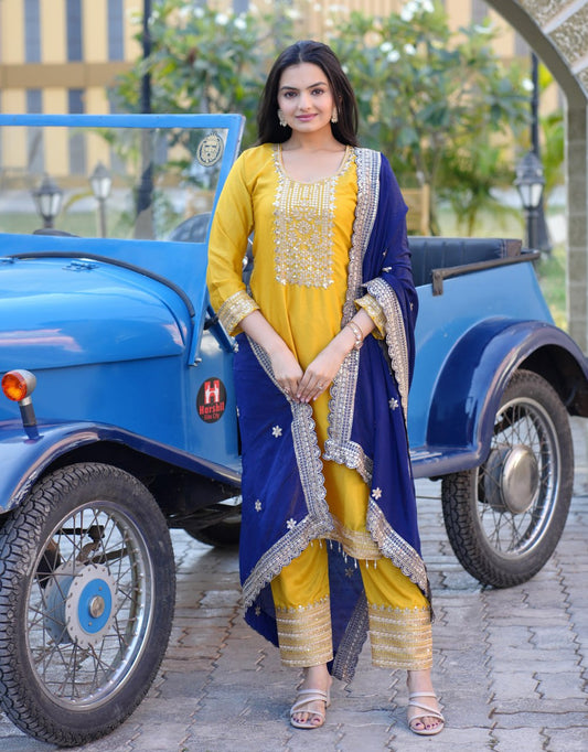 Mustard Yellow Chinon Suit with Heavy Embroidery & Navy Blue Dupatta | Elegant Festive Wear