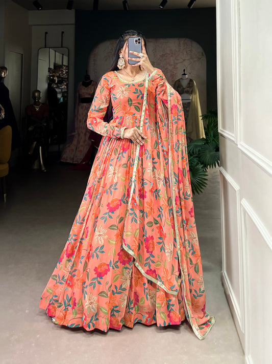 Peach Floral Print Georgette Gown Set | Elegant Festive & Party Wear
