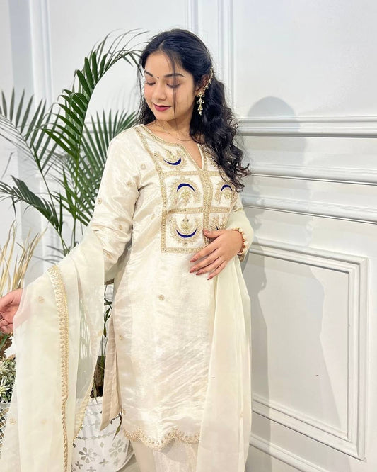 Graceful Off-White Vichitra Silk Suit Set | Festive & Wedding Wear
