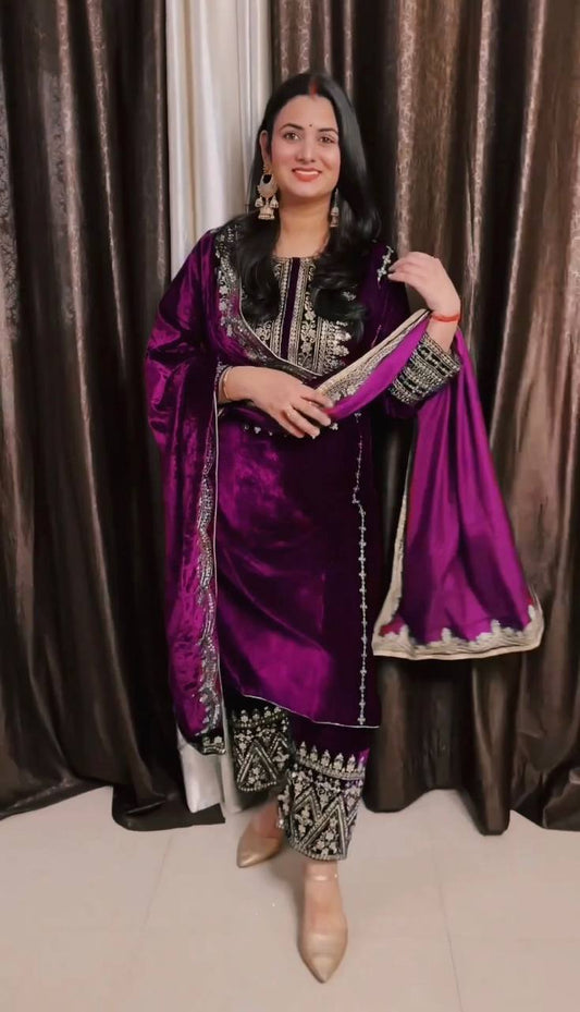 Heavy Viscose Velvet Embroidered Purple Suit Set with Dupatta – Ready-to-Wear Ethnic Outfit for Women