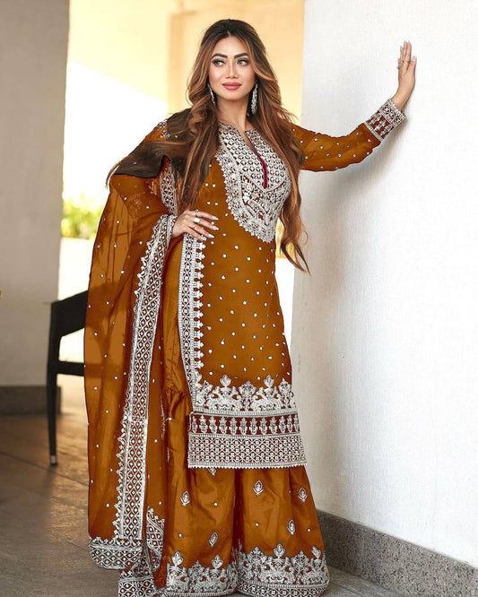 Heavy Faux Georgette Embroidered Yellow Gharara Set with Dupatta – Fully Stitched Ethnic Partywear for Women
