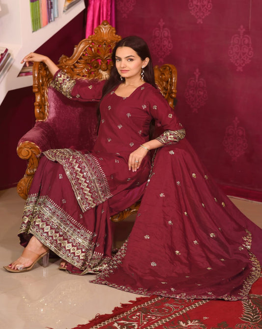 Chinon Embroidered Maroon Sharara Suit Set with Dupatta – Fully Stitched Ethnic Wear for Women