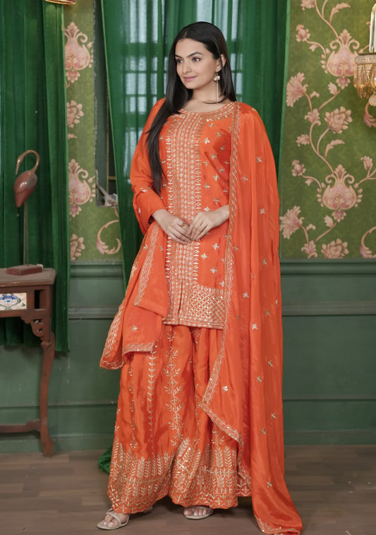Chinon Embroidered Sharara Suit Set with Heavy Dupatta – Fully Stitched Festive & Party Wear for Women