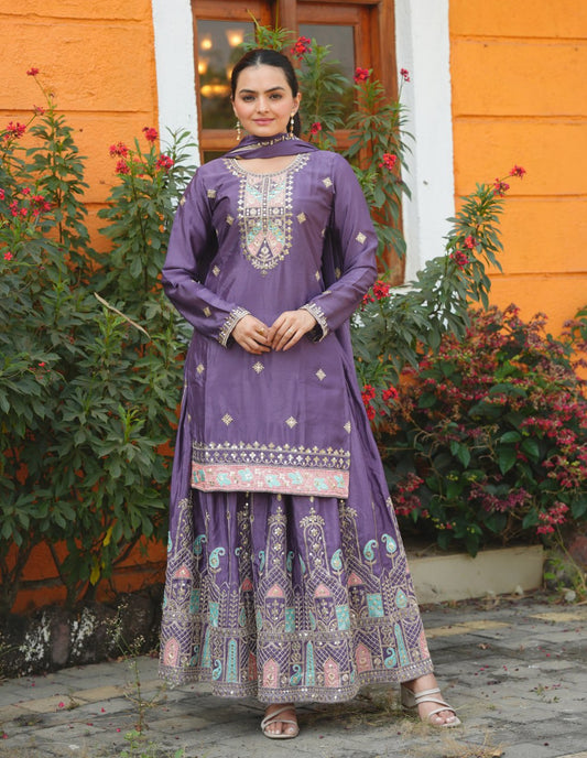 Chinon Coding Sequence Embroidered Sharara Suit Set for Women - Traditional & Wedding Wear