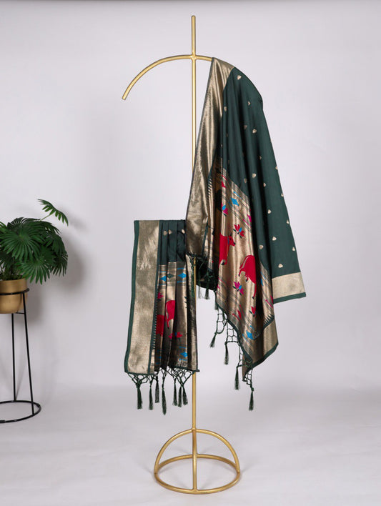 Elegant Jacquard Paithani Green Dupatta with Weaving Zari Work and Tassels