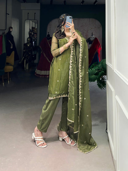 Elegant Gold Coin Fabric Embroidered Green Top and Bottom Set with Dupatta