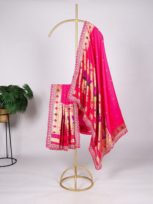 Premium Jacquard Silk Zari Weaving Pink Dupatta with Embroidery Lace Border