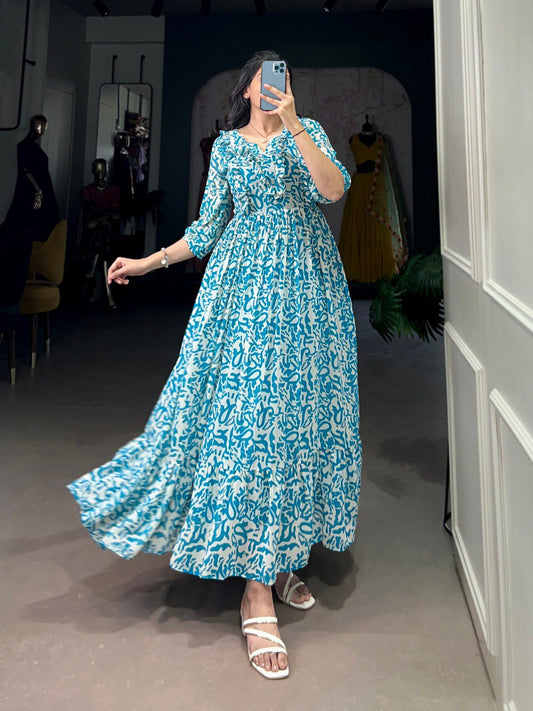 Elegant Georgette Printed Blue Frock with Full Flair and Lining