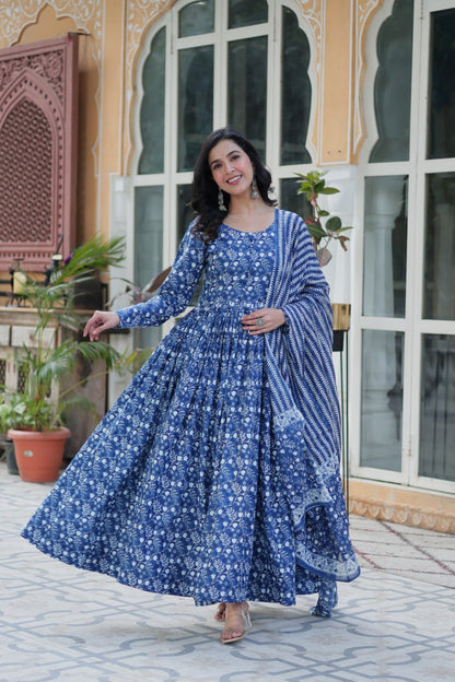 Pure Blue Cotton Long Kurta Set with Elastic Bottom and Dupatta