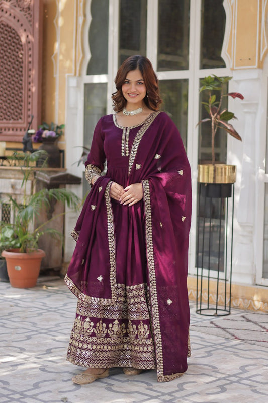 Shimmer Vichitra Gown with Sequins Embroidery and Designer Dupatta