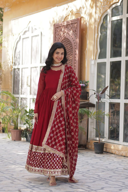 Faux Blooming Maroon Gown with Zari Sequins Embroidery and Designer Dupatta