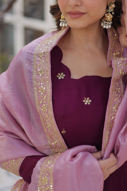 Elegant Star Georgette Purple Gown with Zari Sequins Embroidery and Gold Crush Dupatta