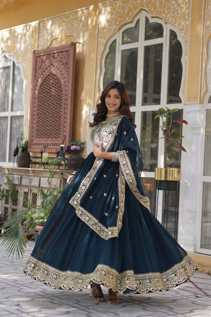 Premium Faux Blooming Bottle Green Gown Set with Zari Sequins Embroidery and Dupatta