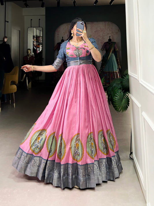 Elegant Dola Silk Kalamkari Print Pink Gown with Zari Weaving Koti | Ethnic Wear for Women