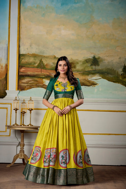 Elegant Dola Silk Kalamkari Print Yellow Gown with Zari Weaving Koti | Ethnic Wear for Women